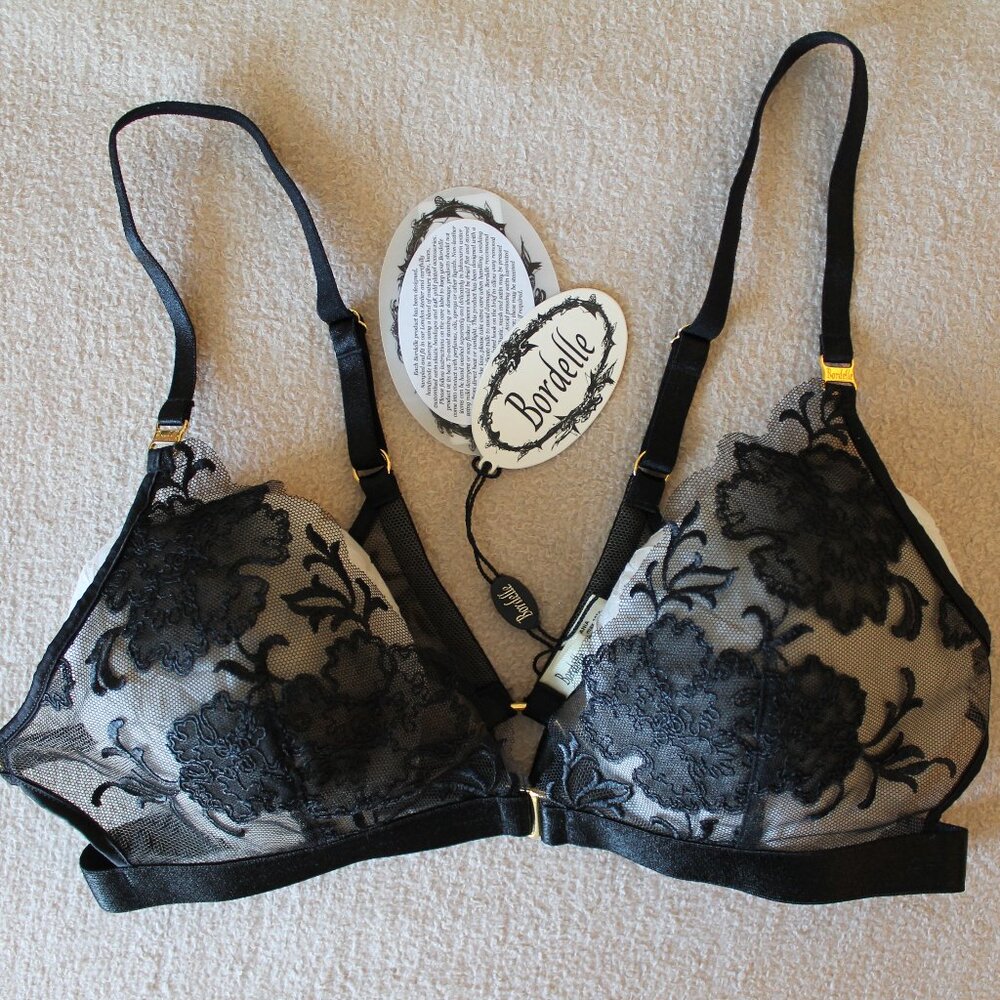 Bordelle Amaya Soft Triangle Bra Black floral embroidered 24k gold S Small NWT
